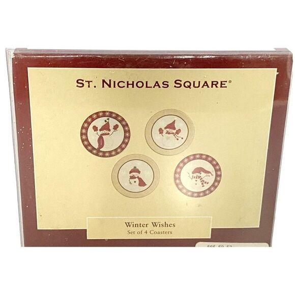 Snowman Coasters Ceramic Winter Wishes St. Nicholas Sq Boxed Set of 4 Large NEW - Picture 5 of 6